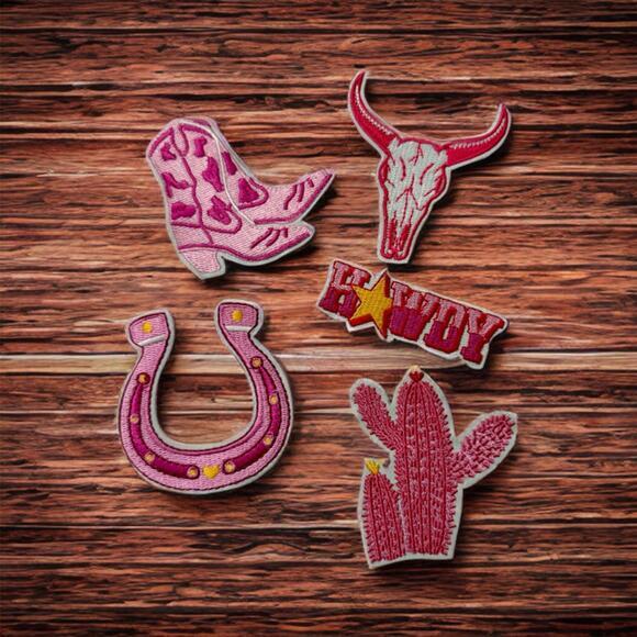 Other - Iron On Patch Set - Pink Cowboy Cowgirl Theme Boots Horseshoe Howdy 5 Pcs